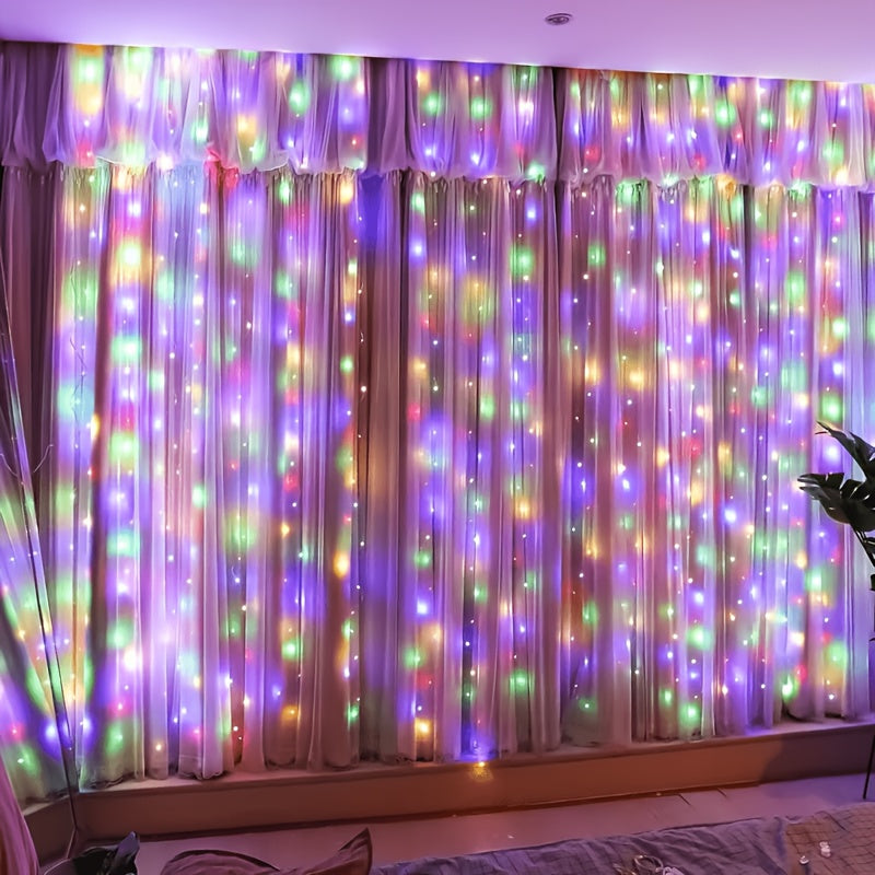4pa300个LED可调光彩色仙女灯，庭院卧室闪烁仙女灯8种照明模式-彩色室内外派对、节日窗帘串灯，-用于窗户，卧室，庭院装饰