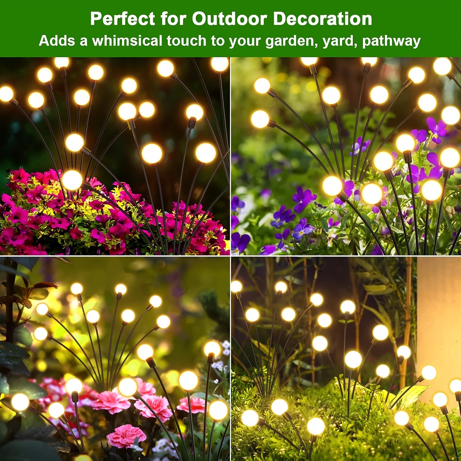 Set of 4 Solar Firefly Garden Lights, Equipped with 32 LED Beads, Featuring 12 Different Lighting Modes. These Lights Automatically Turn On at Night, Perfect for Use in Courtyards, Walkways, Gardens, Parties, Weddings, Festivals and Camping Decor.