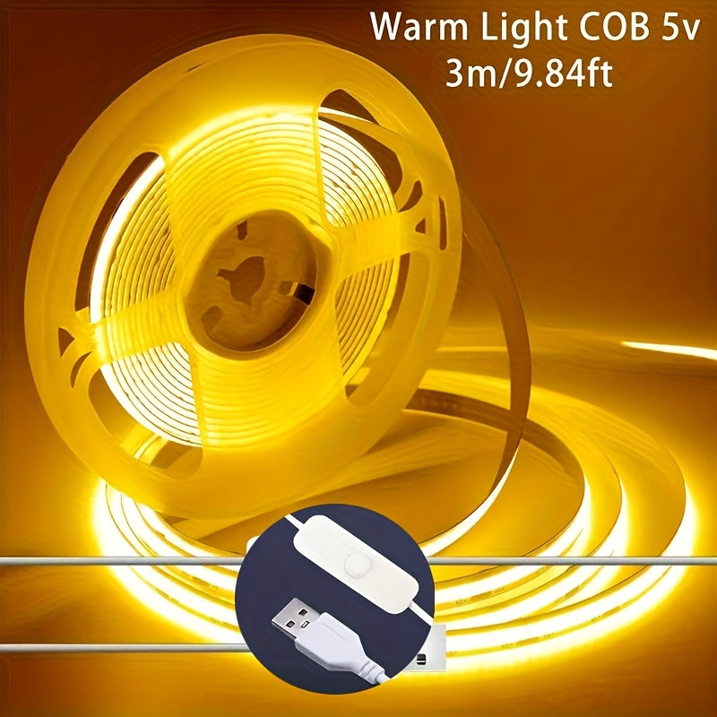 LED灯带带开关 - 5V USB供电高亮柔光，适用于梳妆台镜子、电视背光、DIY装饰、家居氛围及派对活动