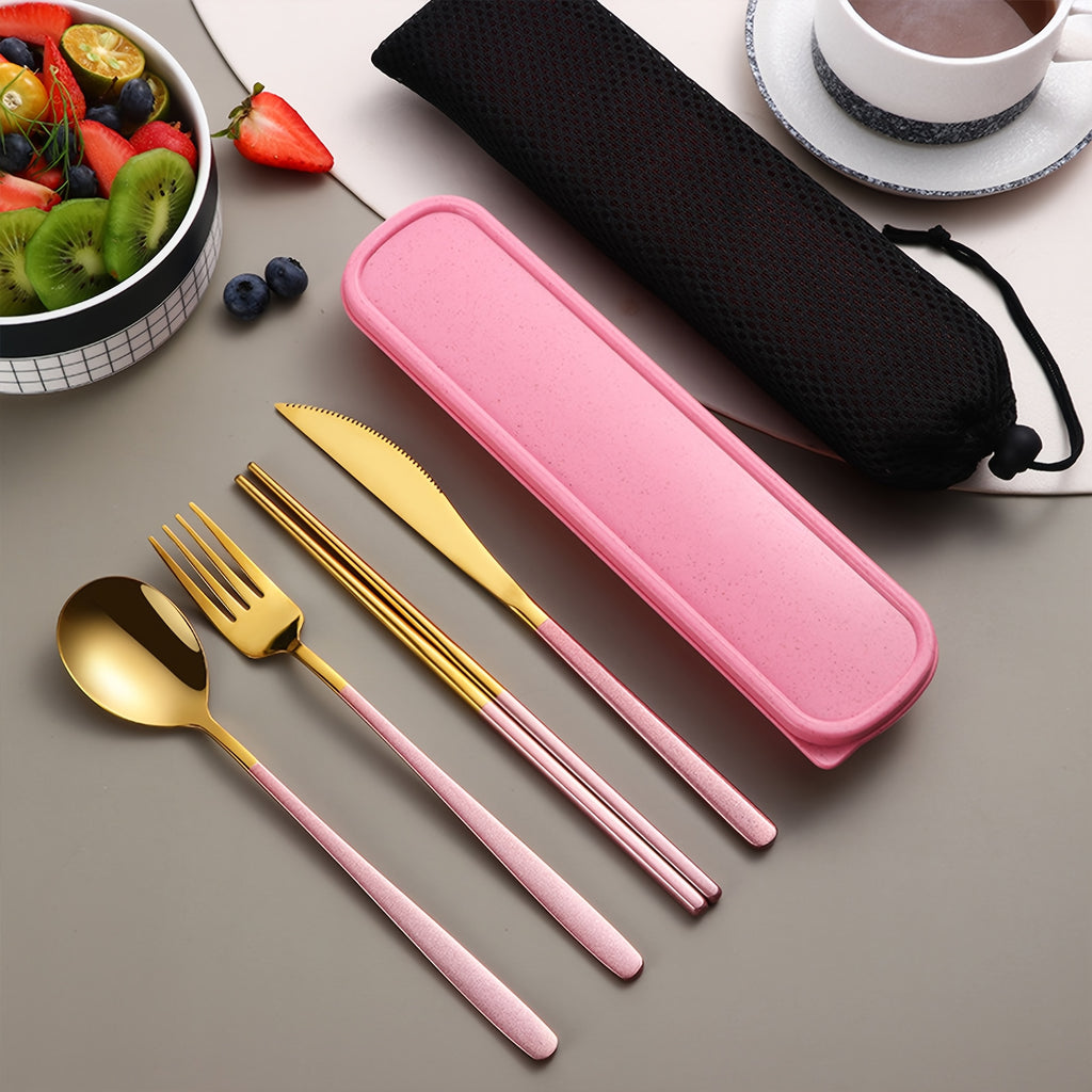 4pcs Stainless Steel Cutlery Set – Bright Polished Thickened Round Handle Dinner Knife, Chopsticks, Spoon, Fork Set – Portable Cutlery Box for Students, Outdoor Dining, Picnics
