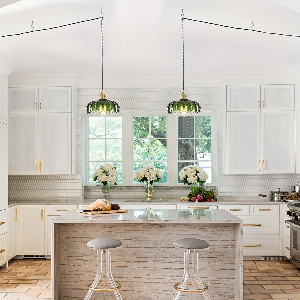 Green Glass Pendant Light with US Plug, Exquisite Handmade Craftsmanship, Unique Color, E26 Base, Suitable for Kitchen Island, Bedroom, Dining Room, Living Room