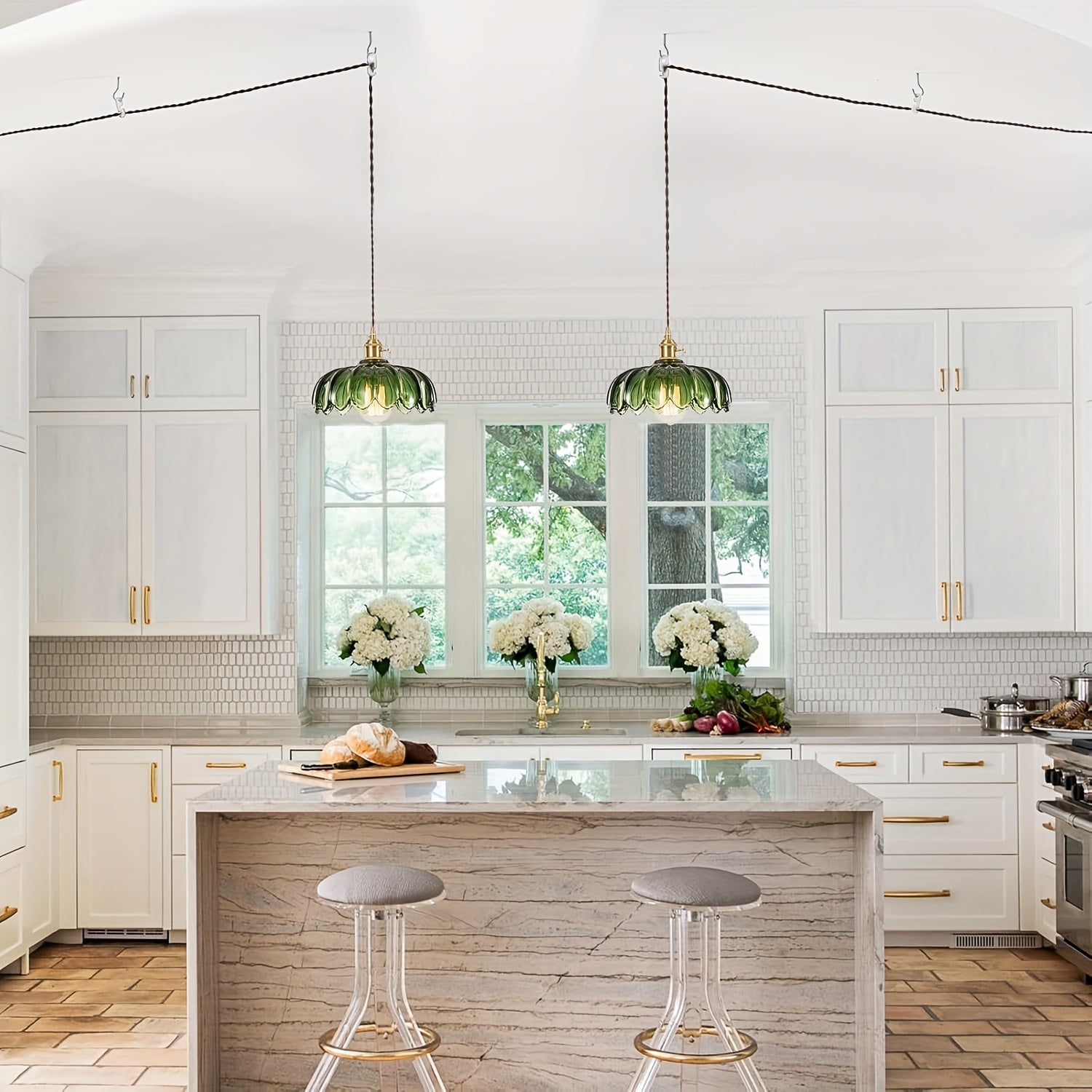 Green Glass Pendant Light with US Plug, Exquisite Handmade Craftsmanship, Unique Color, E26 Base, Suitable for Kitchen Island, Bedroom, Dining Room, Living Room