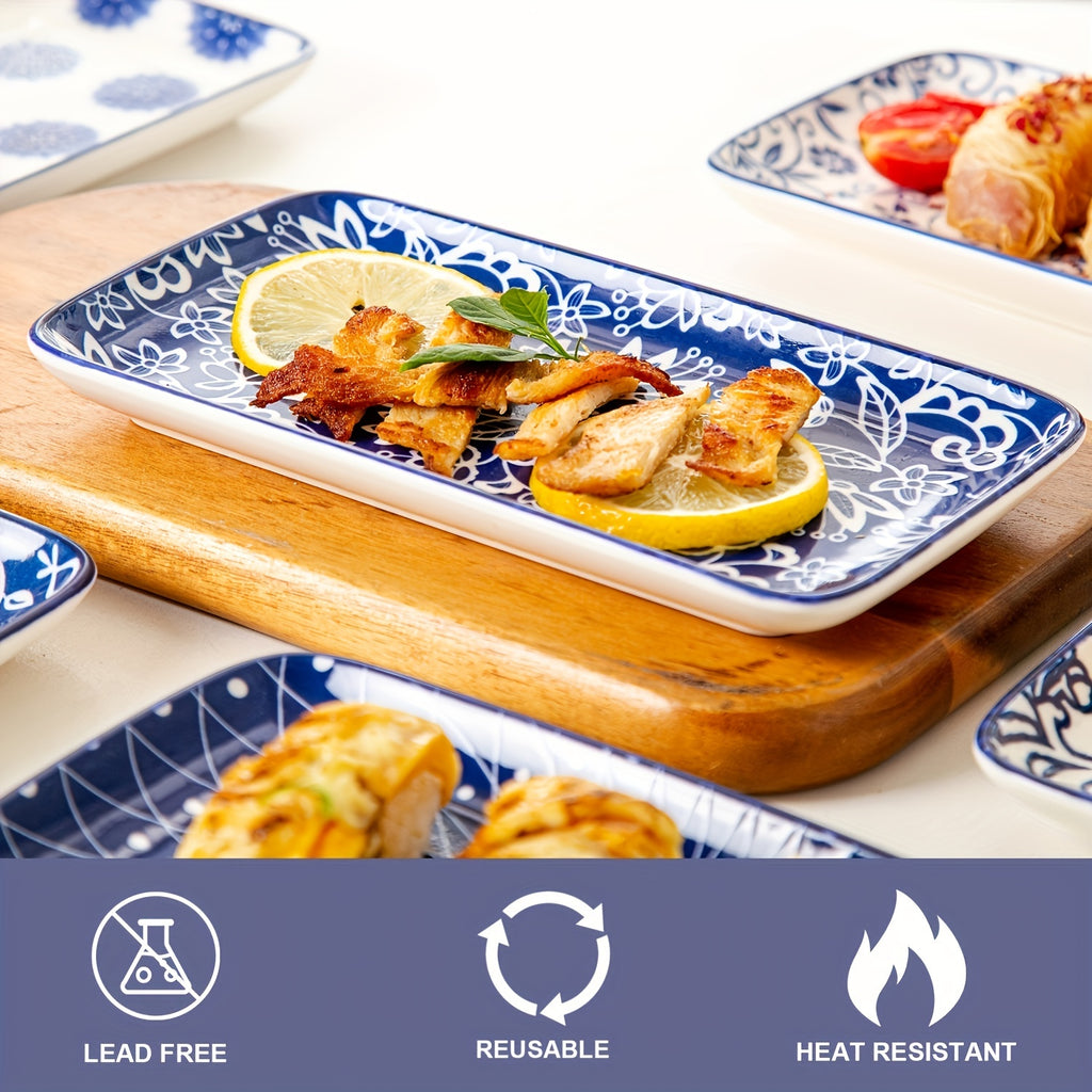 6-Piece Rectangular Plate Set, 8.1" x 4.5", Rectangular Ceramic Dinner & Appetizer Plates, Porcelain Dinner Plates – Perfect for Sushi, Salad, Dessert, Pasta – Oven, Microwave & Dishwasher Safe