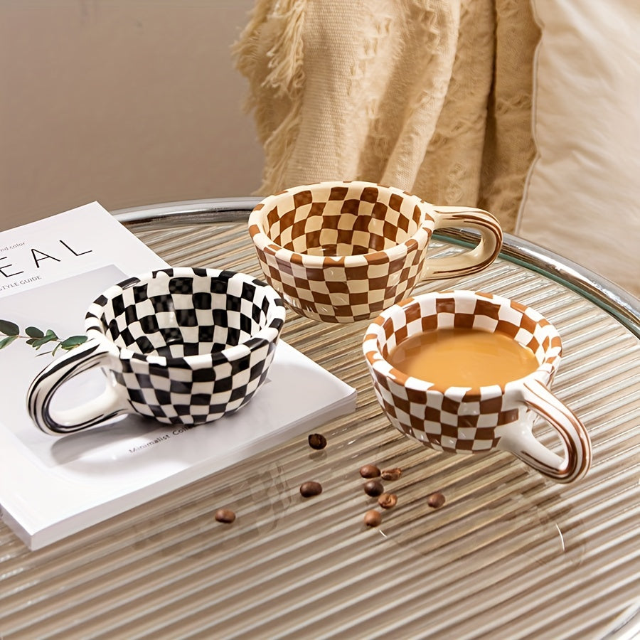 1 Irregular Plaid Ceramic Mug, Perfect for Home & Office, Casual Coffee Cup, 7oz