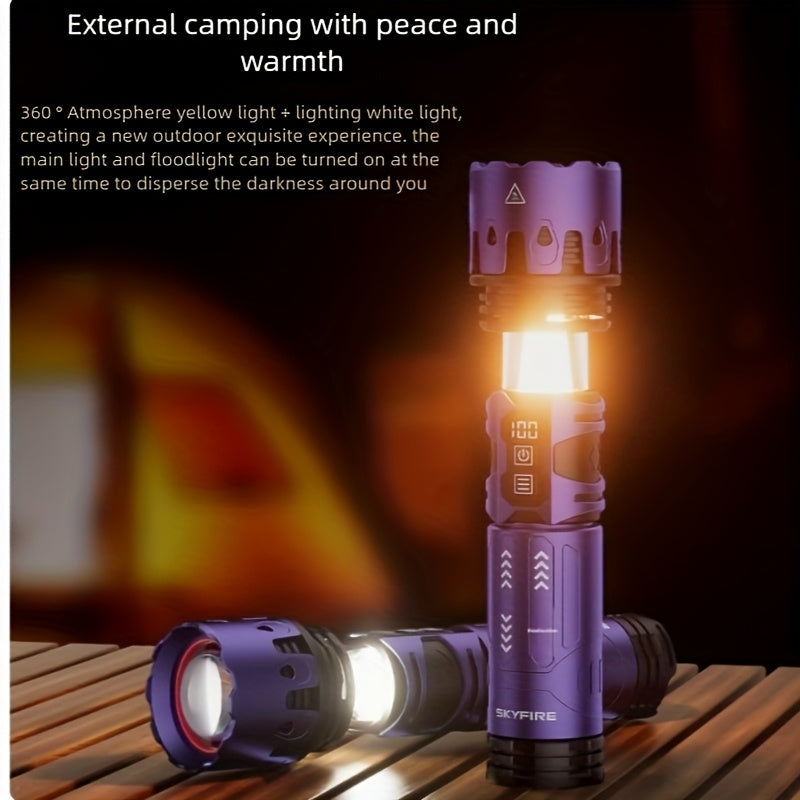SKYFIRE LED High Brightness Display Flashlight High Lumen Ultra Bright Rechargeable Flashlight Long Endurance Zoom Function Built-in Floodlight Mode for Camping Outdoor Activities Farm Patrol Night Riding