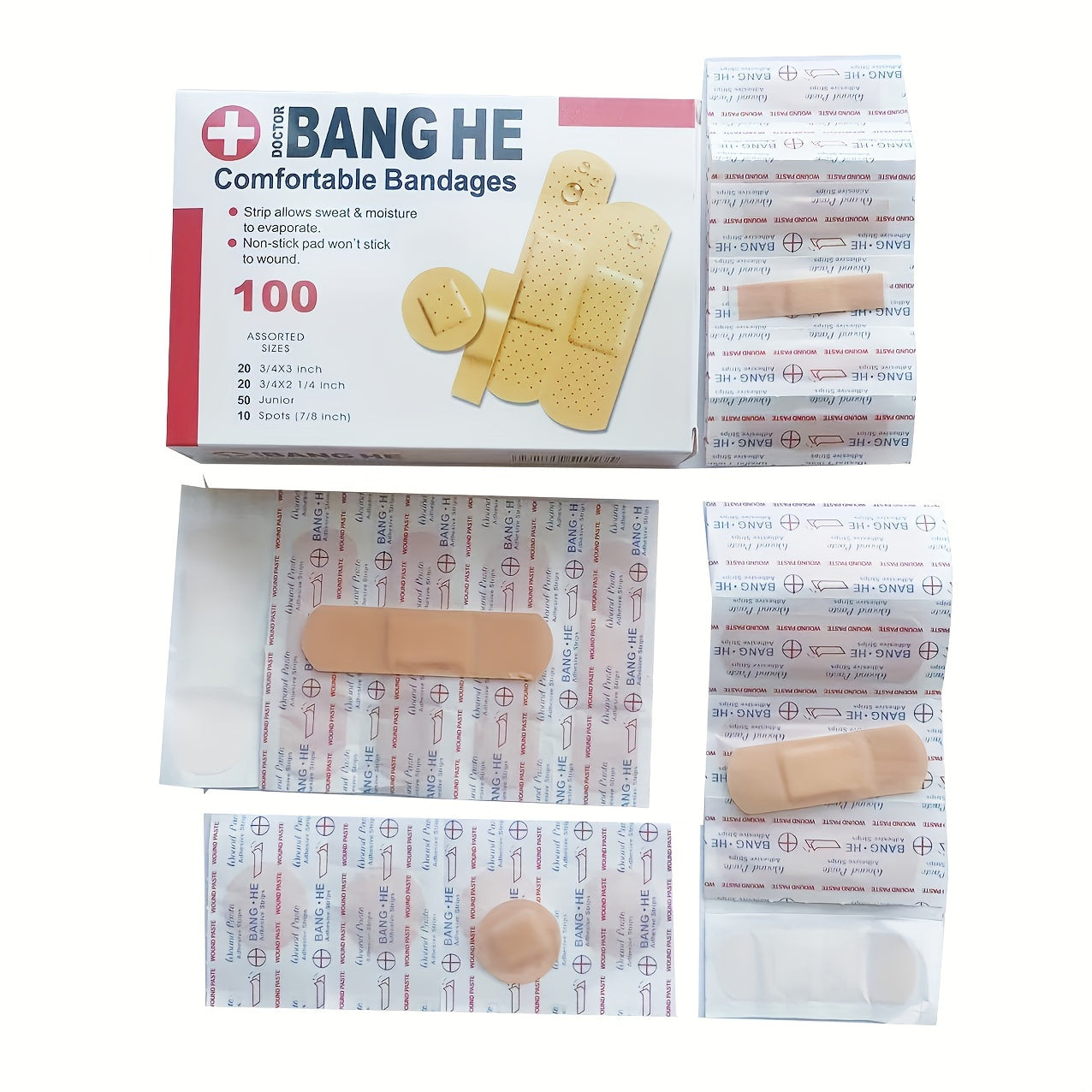 100pcs/盒组合型PE防水4款保护贴片，可贴粘度强 舒适 止血透气急救带 ，适用于自家、野外应急保护，品质符合FDA认证