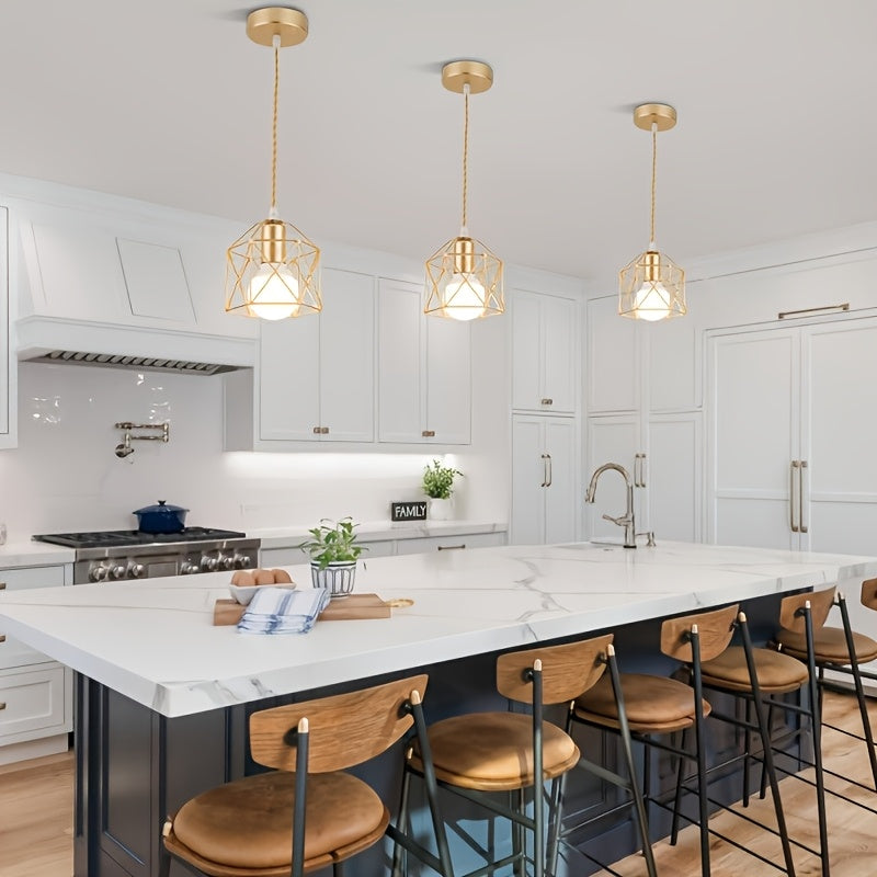 1/2/3/4-pack, rustic vintage pendant light, geometric ceiling fixture, modern gold iron pendant light, adjustable hanging wire, e27 socket (replaceable), suitable for dining room pendant light, living room, bedroom, study, bulb not included