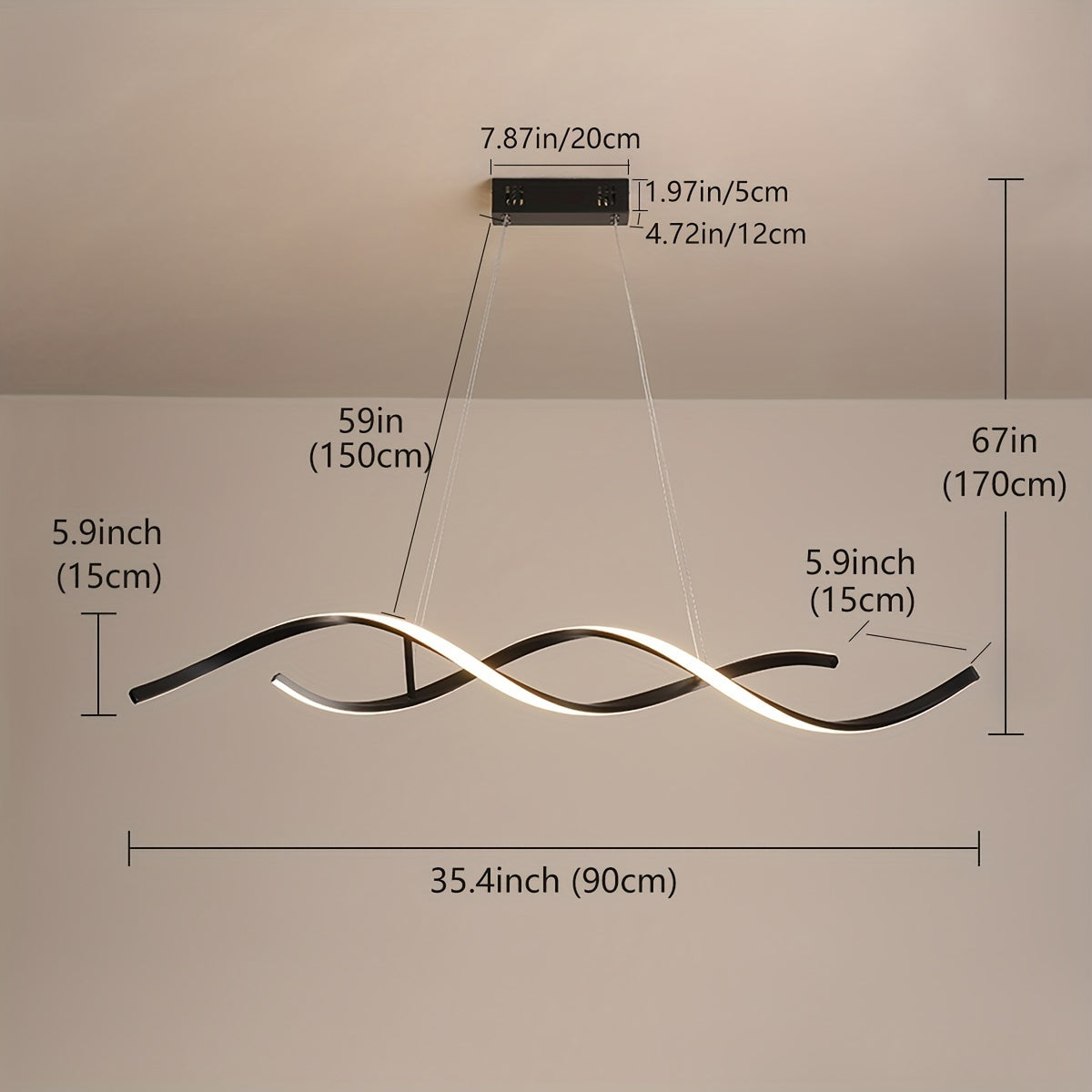 Qcyuui adjustable height hanging light fixture, modern pendant lighting adjustable wave-shaped flush-mount LED pendant light, with remote control, suitable for dining room, kitchen island, living room, kitchen lighting, home lighting