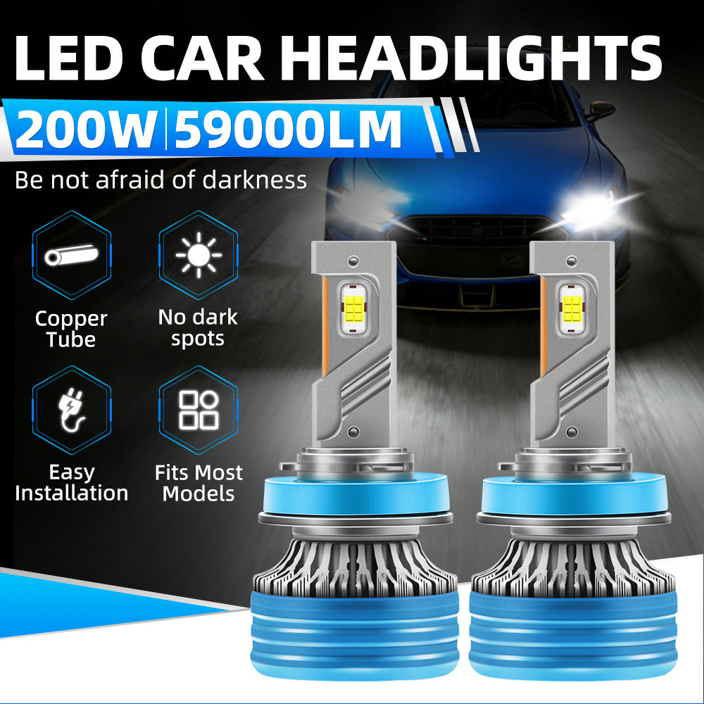 2 Pcs LED Car Headlights 200W 59000LM Super Bright White Turbo Fan Copper Tube No Black Spots Plug-and-Play Easy Installation 300m Lighting Range Fits Most Car Models, No Battery Included