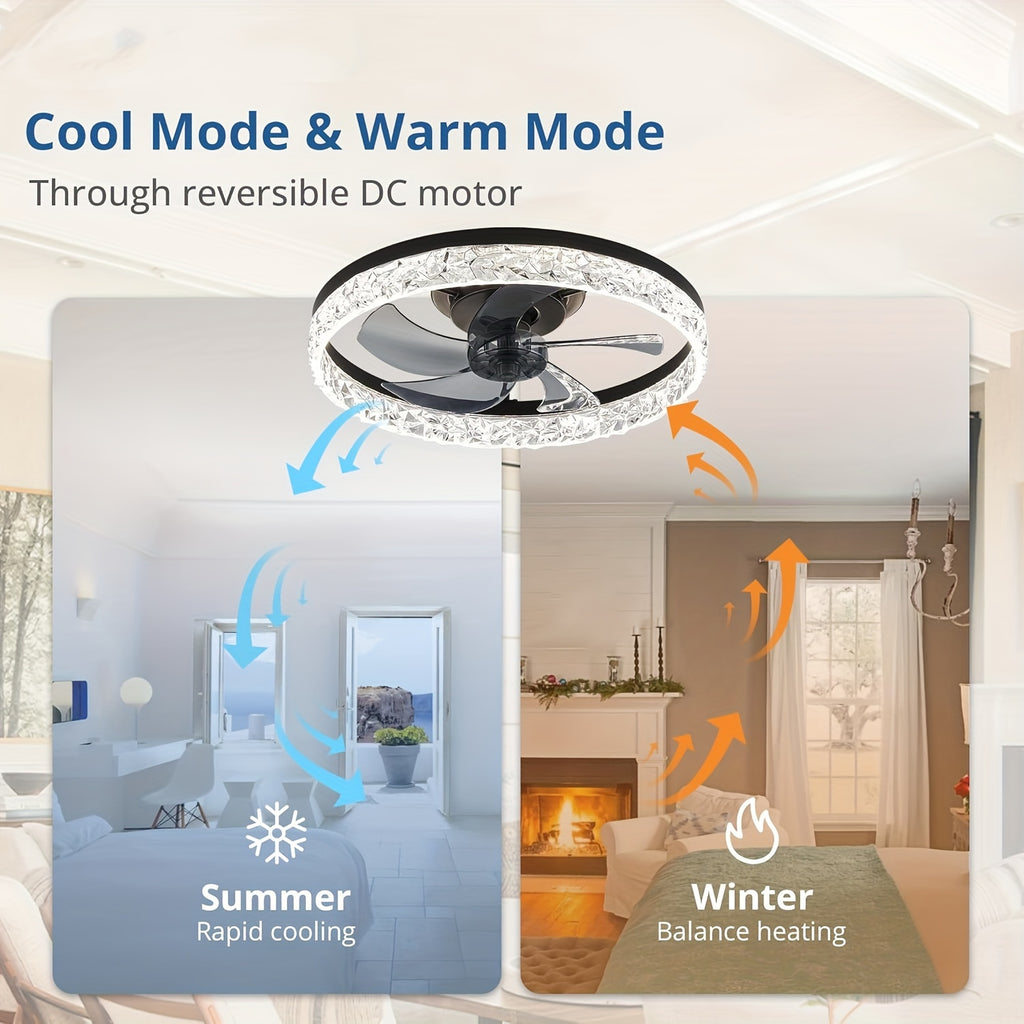 Low Profile Ceiling Fan with Light and Remote Control, Fandelier 19.7 Inch Semi-Flush Mount, 3000K-6500K Smart Bladeless LED, Black Modern Bedroom Ceiling Fan, Acrylic Lampshade, Hardwired, Remote Control