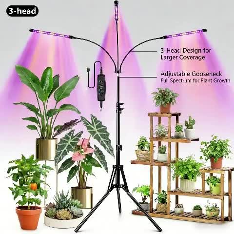 Adjustable Height Tripod 3-Head Plant Grow Light, High Lumen Output, Powered Design with Timer & Brightness Control, Full Spectrum Floor Standing Grow Lamp, Perfect for Small Plants, Vegetables and Fruits