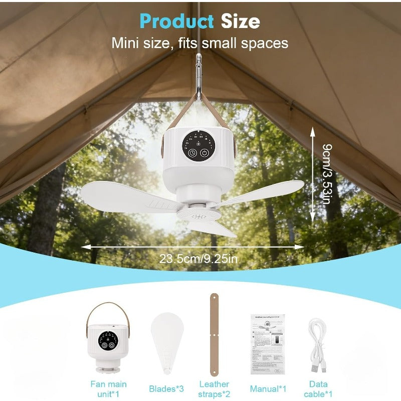 Portable Camping Ceiling Fan, Equipped with LED Light & Remote Control, USB Rechargeable, 4-Speed Adjustable Fan with 3 Small Night Lights, Suitable for RV, Truck, Tent, Travel & Camping