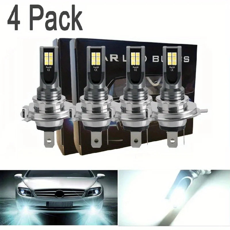 4-Pack LED H4 3030 12-SMD Headlight Bulb Set - Includes High Beam and Low Beam, Cool White Light, Suitable for Trucks and Motorcycles, Voltage 12V-24V
