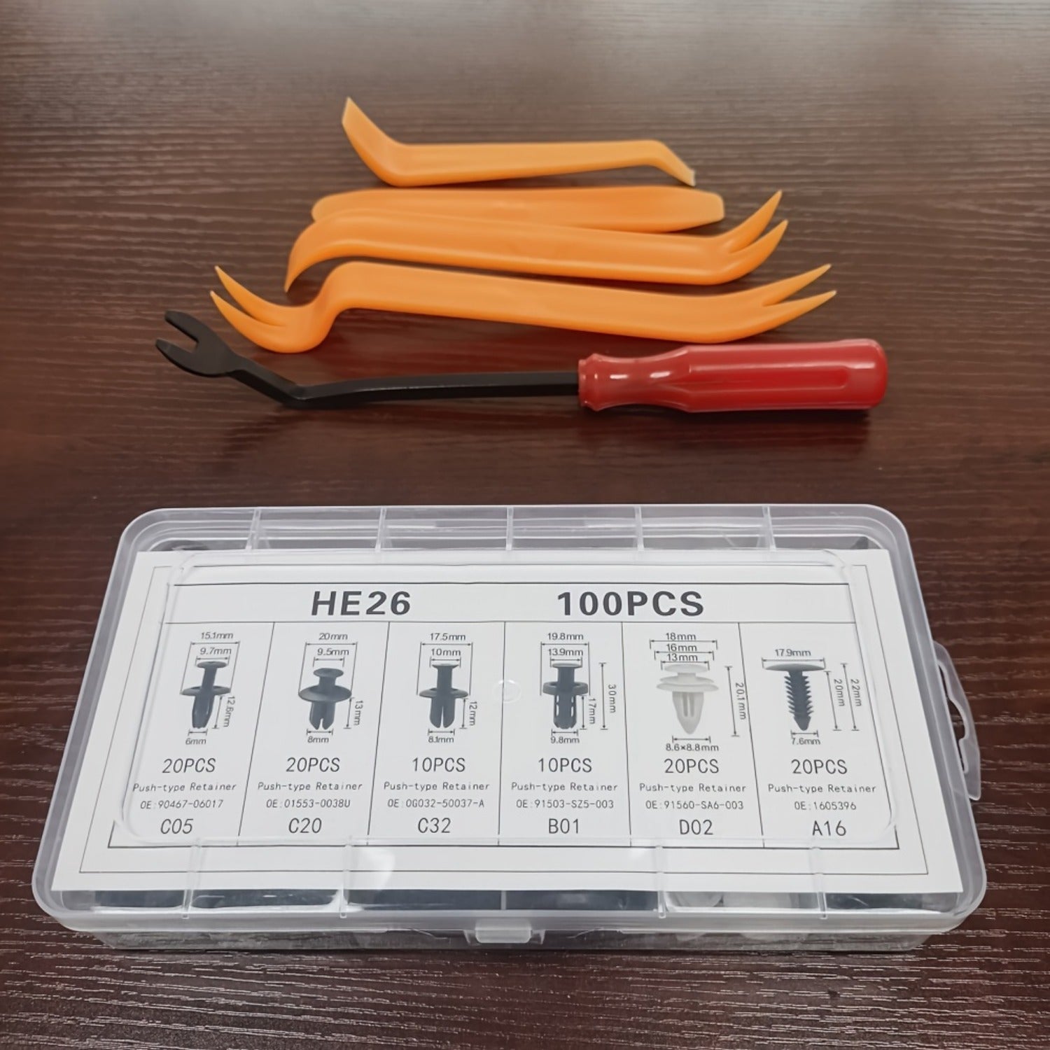105件套汽车紧固件，含拆卸工具，采用通用尼龙塑料铆钉和卡扣，适用于车门面板和车辆装饰件维修