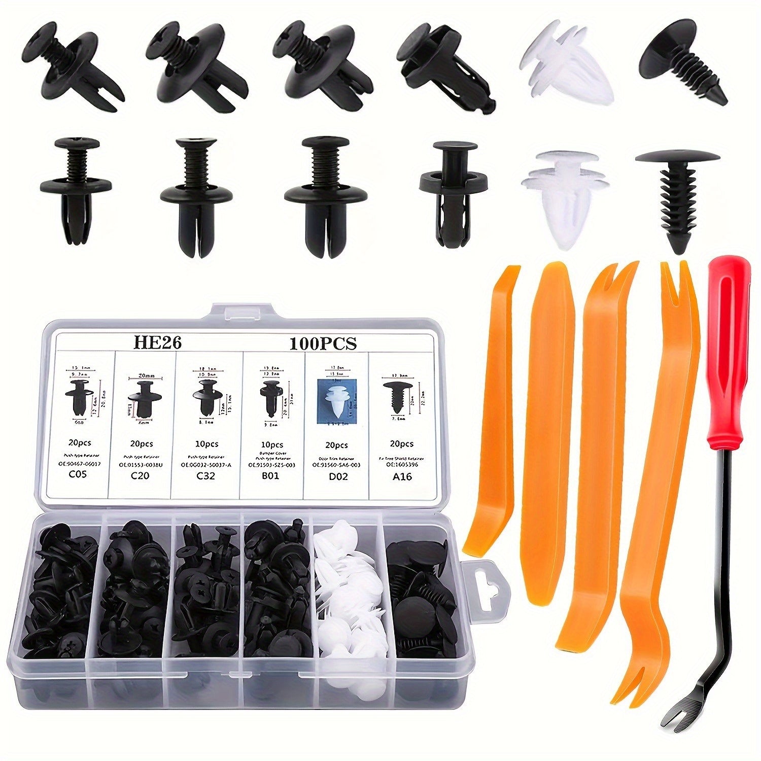 105件套汽车紧固件，含拆卸工具，采用通用尼龙塑料铆钉和卡扣，适用于车门面板和车辆装饰件维修