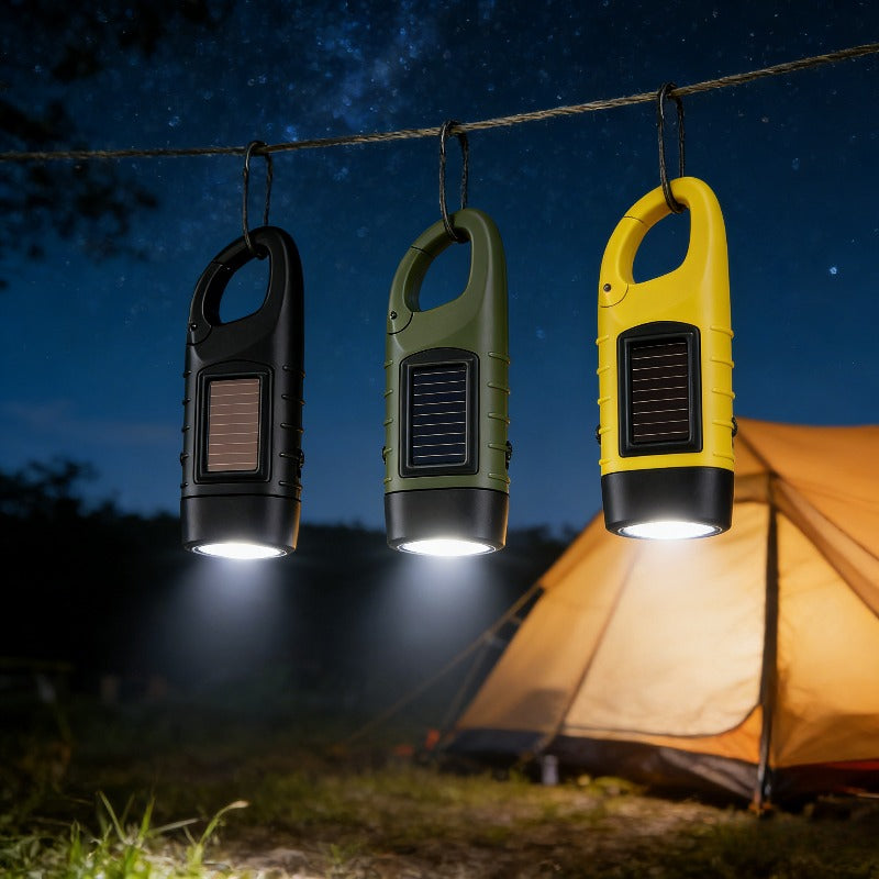 Hand-Crank & Solar Powered Emergency Flashlight, Portable LED Light with Carabiner Clip, Ideal for Camping & Hiking, IP66 Protection Rating