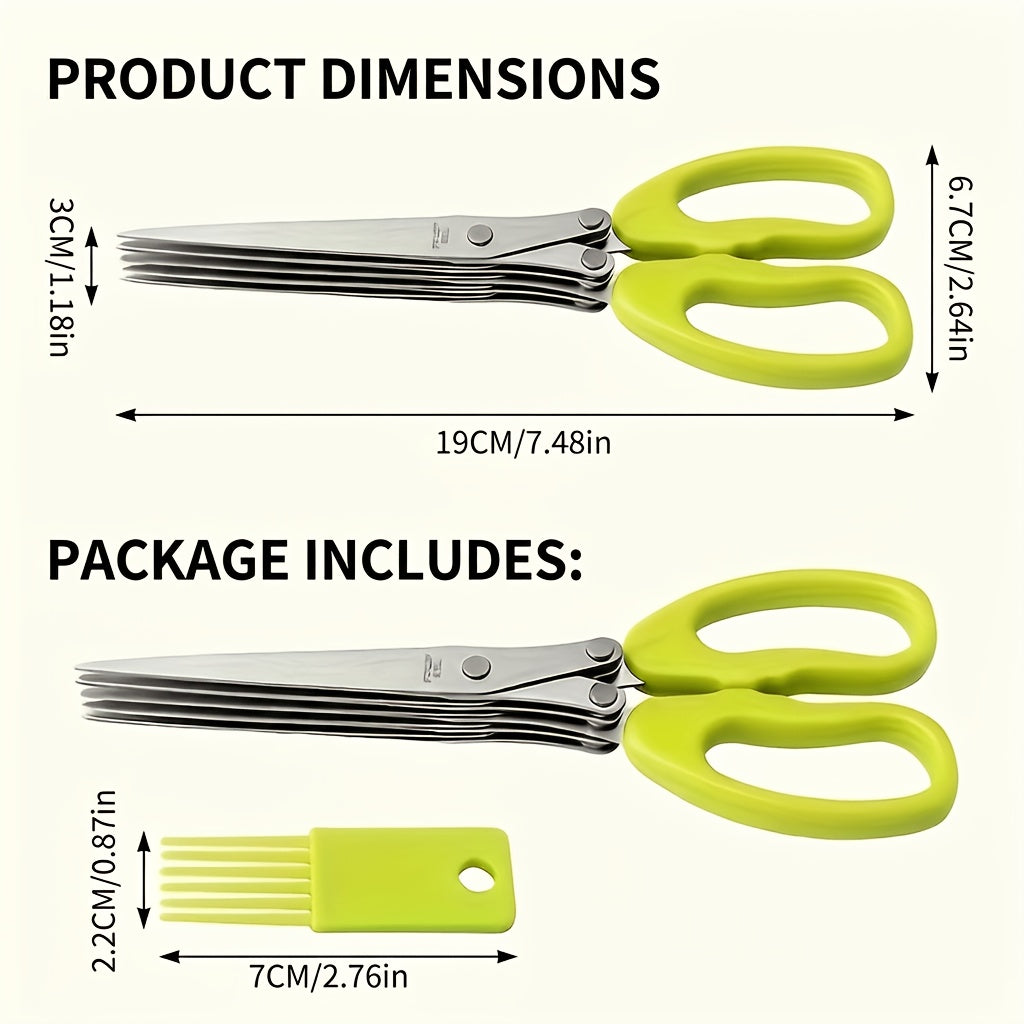 5-Layer Stainless Steel Kitchen Scissors - Multifunctional Onion & Herb Chopper, Suitable for BBQ & Indoor Use, with Protective Cover & Built-in Cleaner, Durable