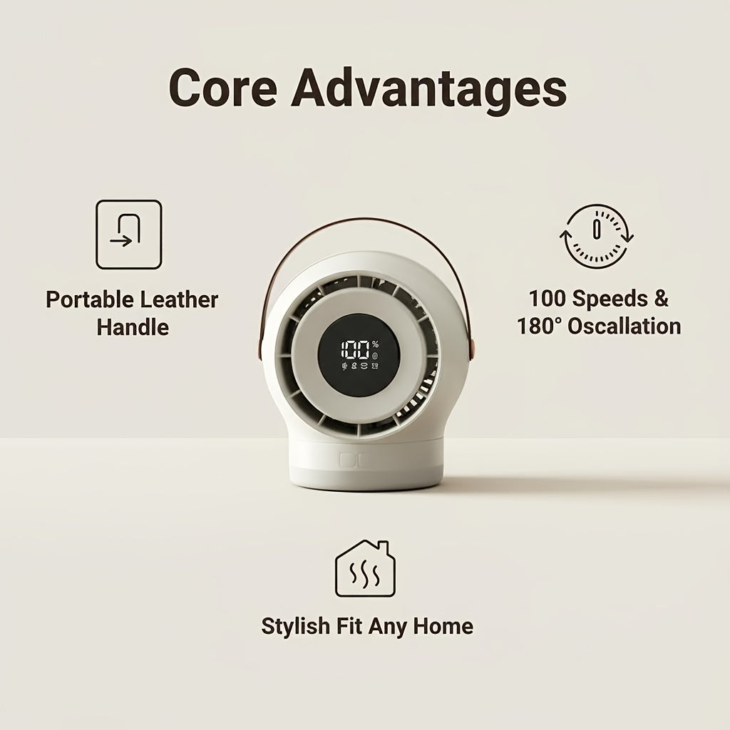 Portable Mobile Desk Fan, 100-Speed Digital Display Precise Control, 180° Smart Oscillating Air Supply, Leather Handle, Compatible with Diverse Home Styles/
