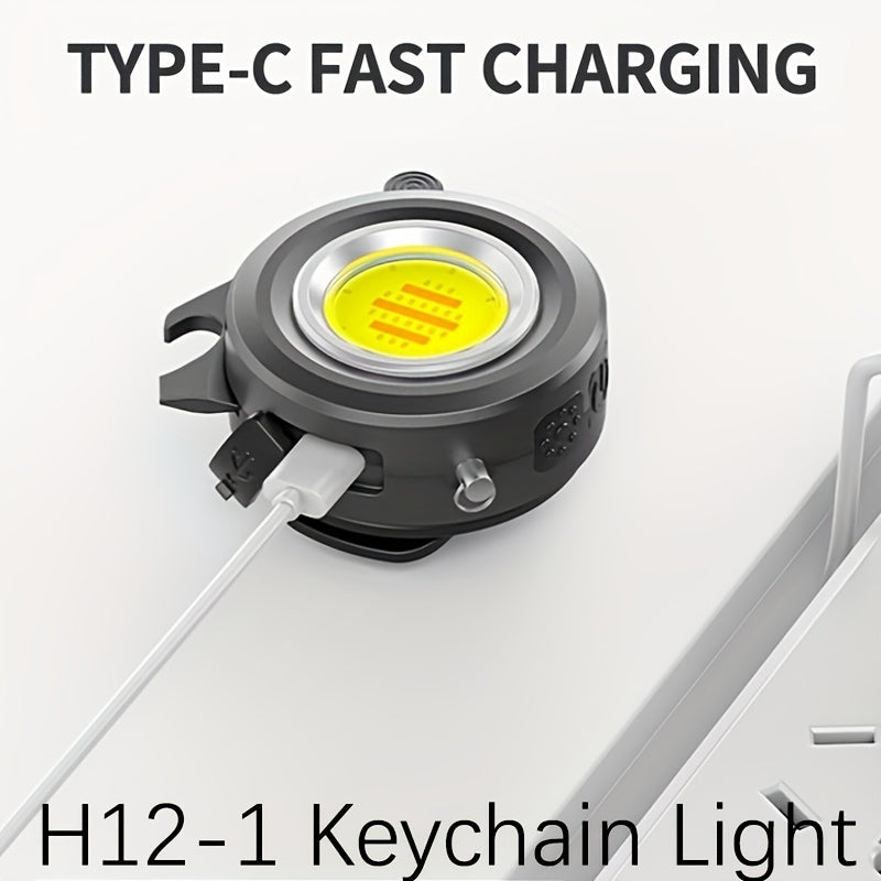 COB Keychain Work Light H12-1 180° Adjustable Flashlight With Bottle Opener & Screwdriver Type-C Charging 3 Light Modes Strong Magnetic Hat Clip Mini Size For Outdoor Adventure Emergency Use