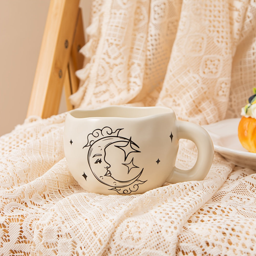 2-Pack 230ml / 7.8oz Retro Valentine’s Day Ceramic Coffee Mug Set, Sun & Moon Face Vintage Design Drinking Cup, Beige Mugs, Bosnian Style Tea Cup, Perfect for Office, Home, Birthday, Party, Valentine’s Day Gift