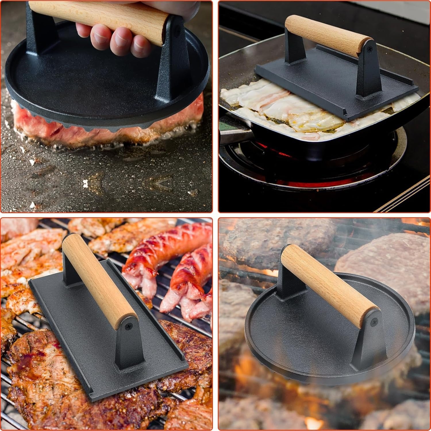 Cast Iron Meat Press Plate, Rectangular Round Striped Grid Grill Press for Steak and Barbecue, Uncoated with Beech Wood Handle