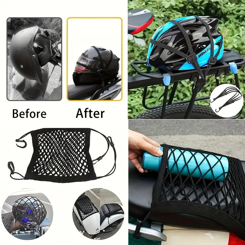 Bungee Cargo Net with Hooks – Elastic Motorcycle & Bike Helmet Net – Black Mesh Luggage Organizer for Secure Storage