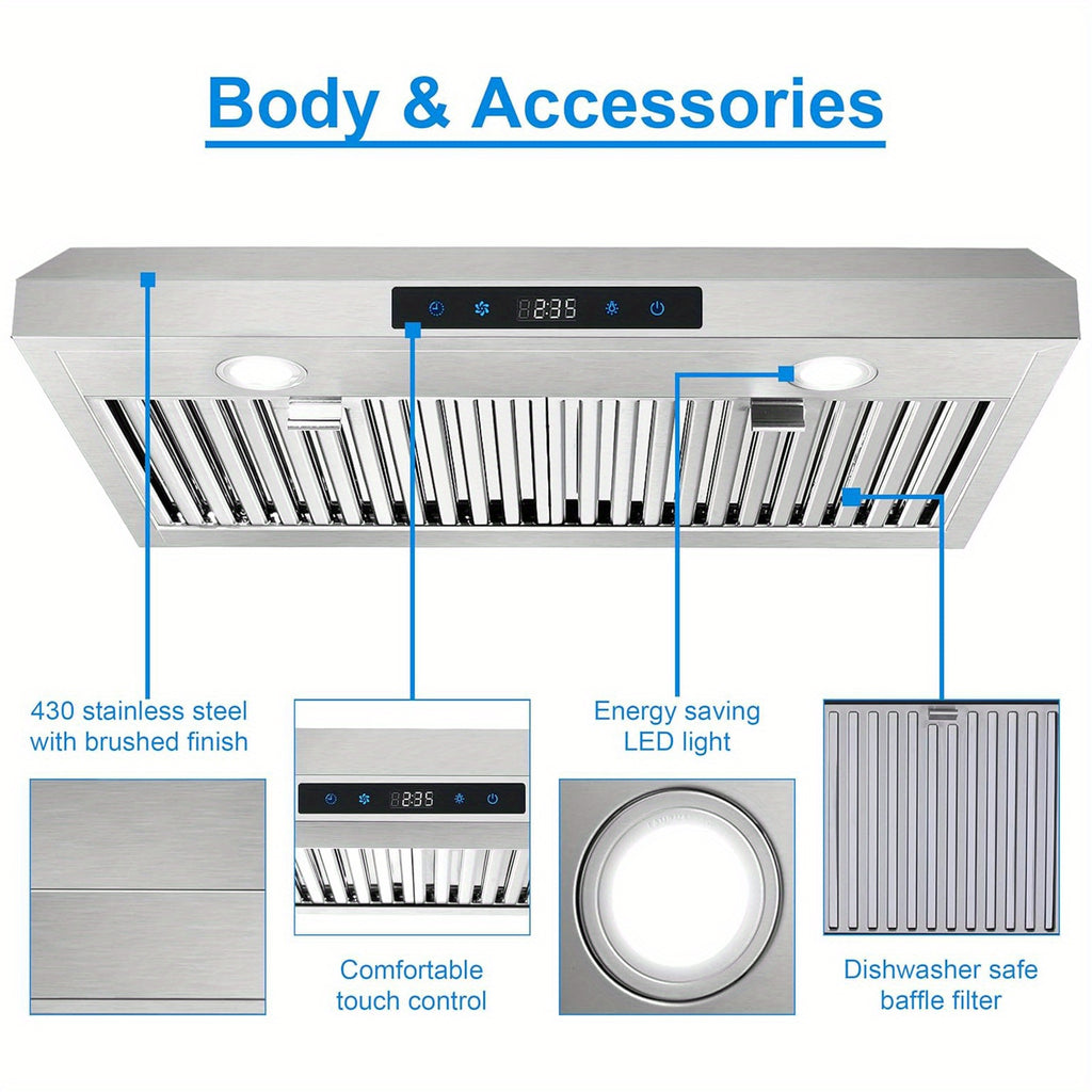 30-Inch Under-Cabinet Range Hood, 3-Way Exhaust, Silver Stainless Steel Construction with Baffle Filter, Kitchen Ventilator, Under-Cabinet Design, 3-Speed Exhaust Fan, Touch Control