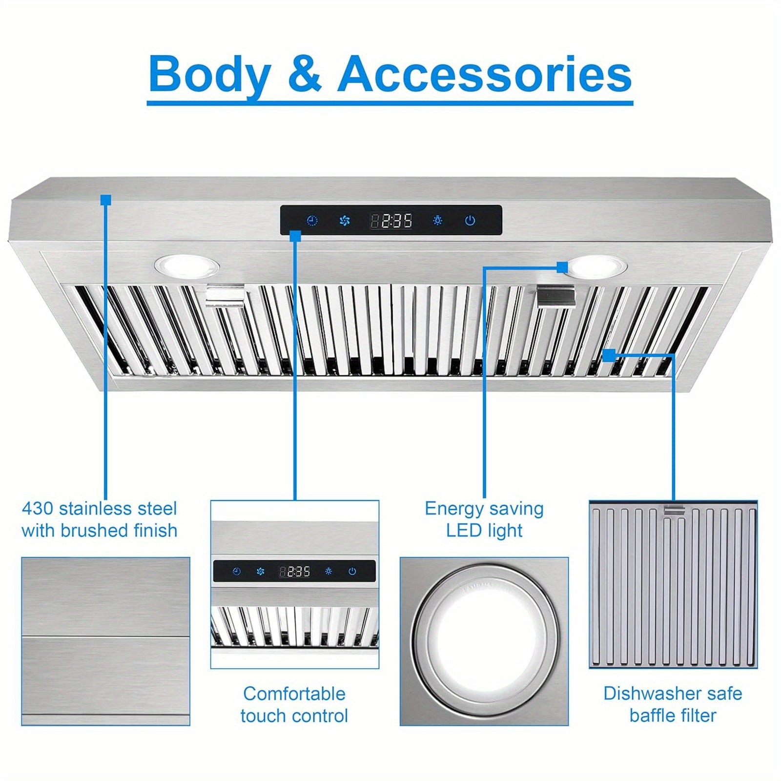 30-Inch Under-Cabinet Range Hood, 3-Way Exhaust, Silver Stainless Steel Construction with Baffle Filter, Kitchen Ventilator, Under-Cabinet Design, 3-Speed Exhaust Fan, Touch Control