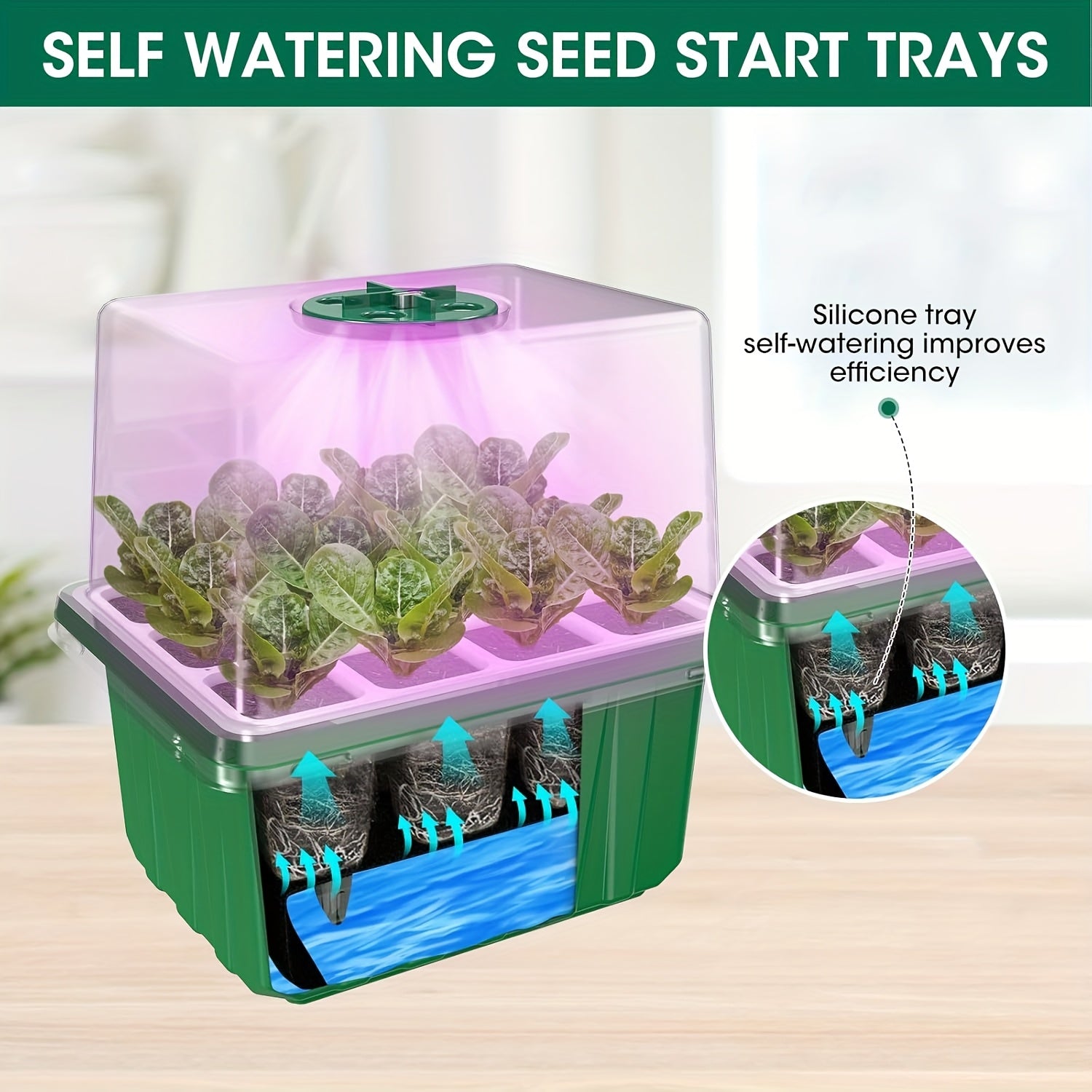 6 Cells/72 Holes Seedling Tray Kit with Timer, Self-Watering Seedling Tool Set with Grow Light, Plant Germination Tray with Lid, Heightened Cover for Greenhouse Sowing Cultivation