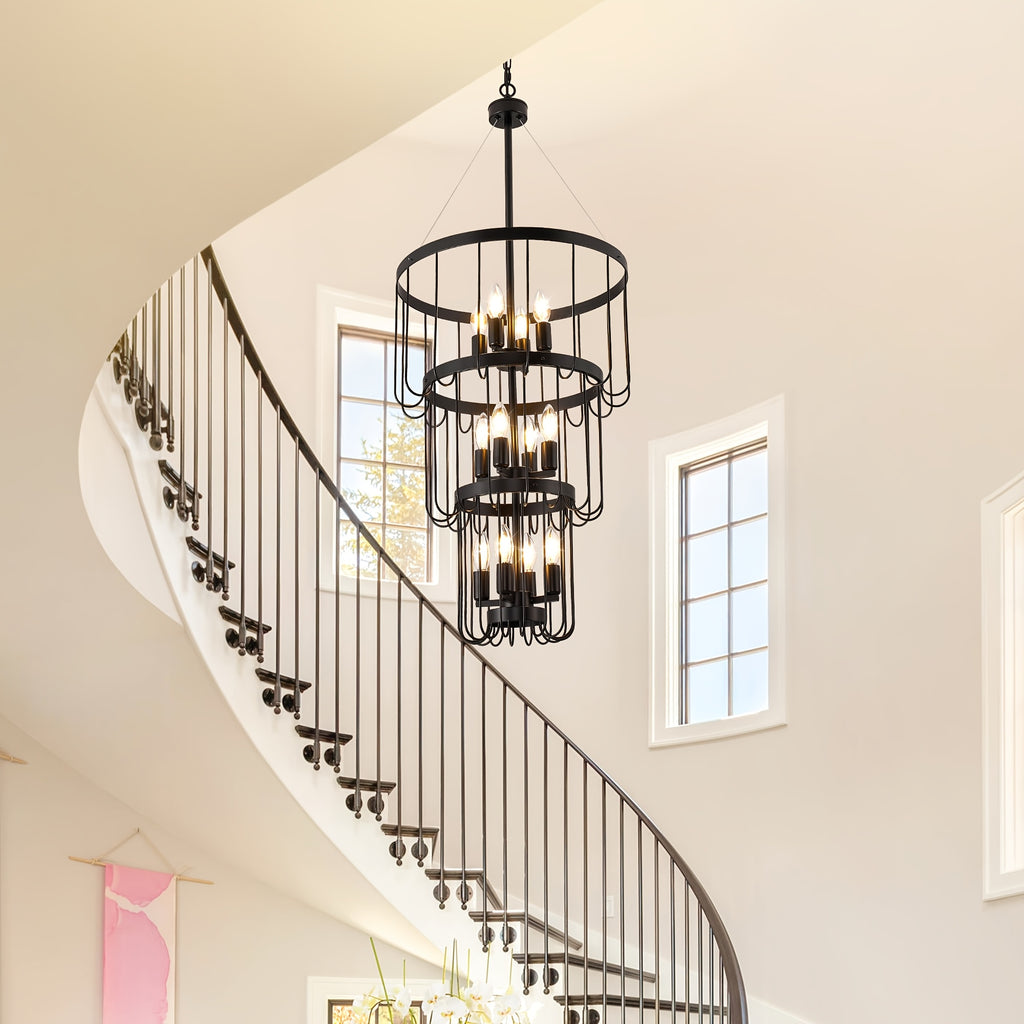 Farmhouse lighting lantern trapezoidal pendant light, modern hall lighting fixture, large chandelier for entryway, high ceiling