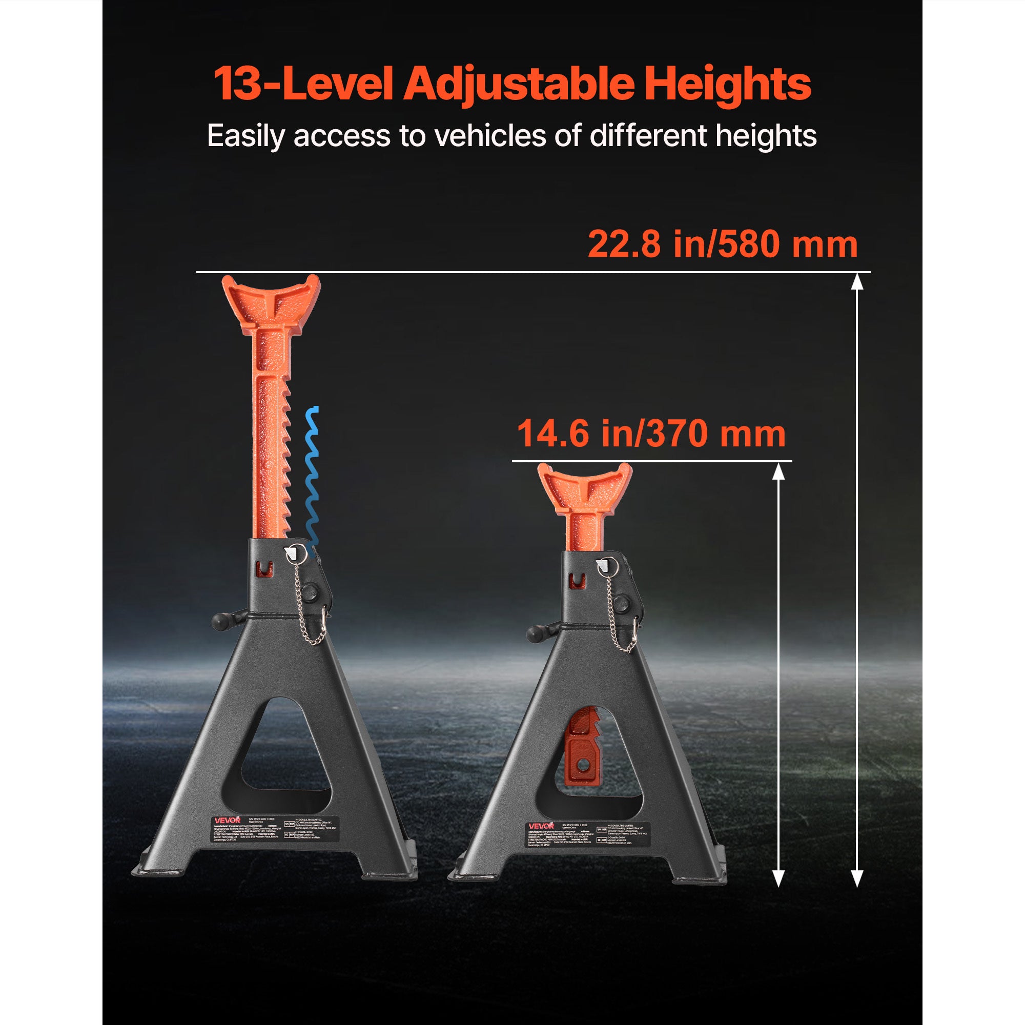 VEVOR Air Jack, 6 Ton (13,000 Lbs) Capacity, 14.6-22.8 Inch Adjustable Height, Heavy Duty Steel Air Jack Car Stand with Double Locking, for Lifting RVs, Small Trucks, Cars, SUVs, 1 Pair, Black & Orange