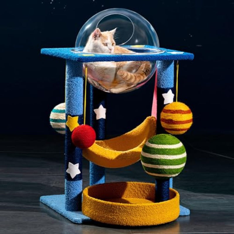 星空猫爬架塔 多层猫咪家具 含太空舱猫窝与猫屋组合 耐用猫抓柱 适用于室内猫咪 35英寸