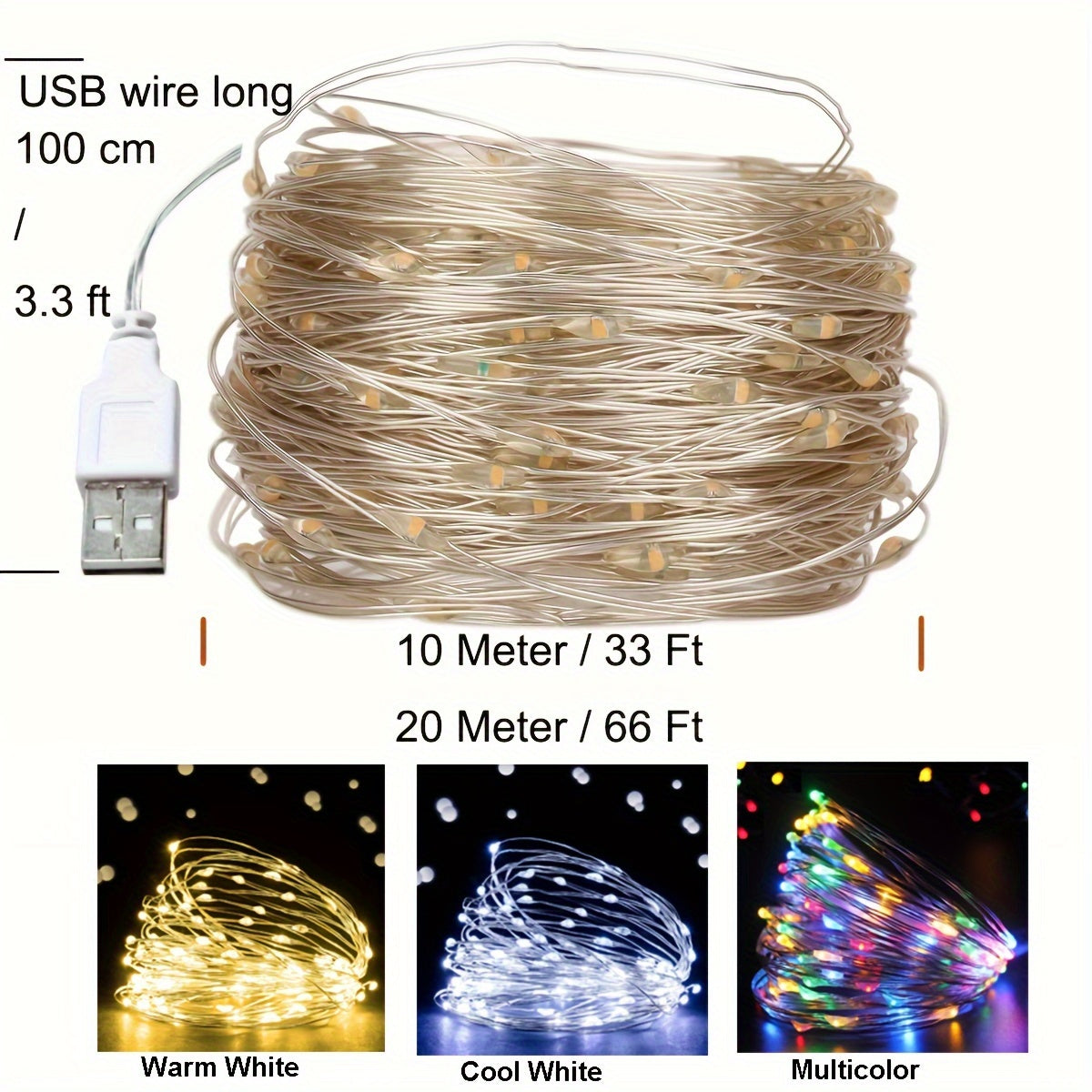 200 LED 仙女灯串，66FT/20M，100 LED 版本为 33FT/10M，USB 供电灯串，银色线材，非常适合在卧室中营造星空氛围，用于圣诞节、婚礼、派对或户外窗户装饰
