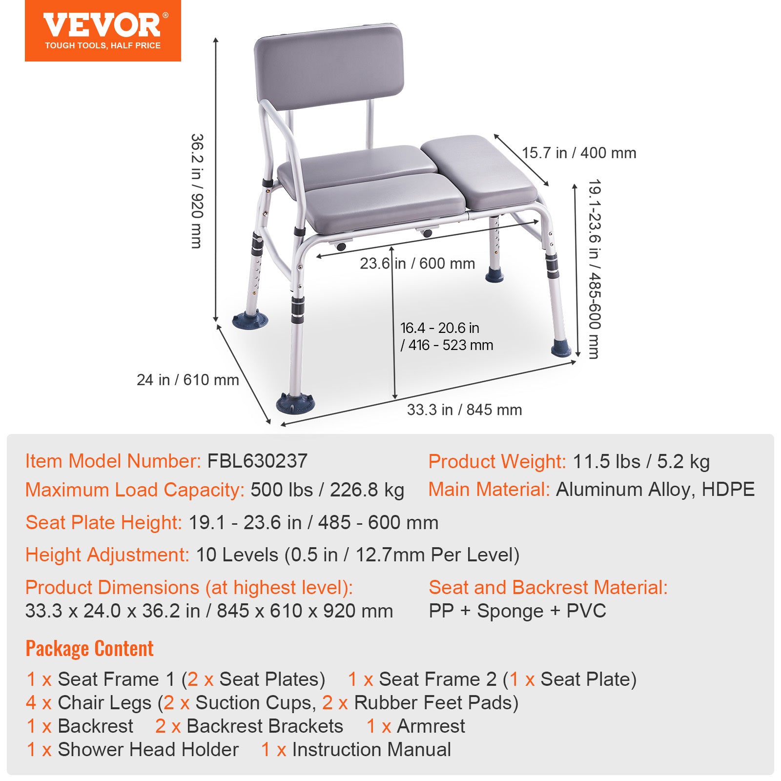 VEVOR 浴缸移位凳 500磅承重，成人淋浴座椅，轻便老年及残疾人淋浴凳，带靠垫、防滑扶手和可翻转靠背