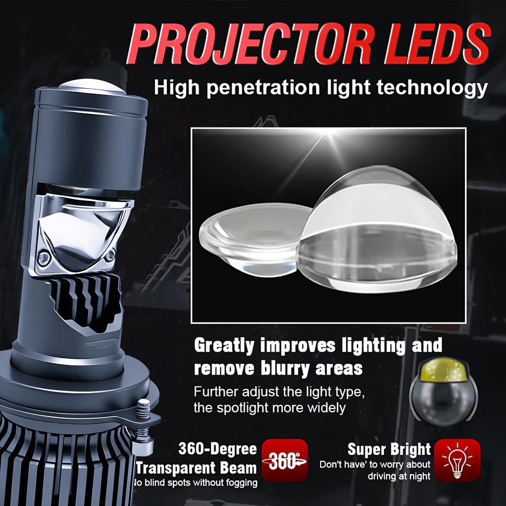 2-Pack H4 LED Mini Lens Car Headlight Bulb Set, Provides 60,000 Lumens, 6500K Color Temperature, CSP 3570 Chip, Easy Plug-and-Play Installation, 900% Brightness Increase, Efficient Heat Dissipation, Suitable for High Beam