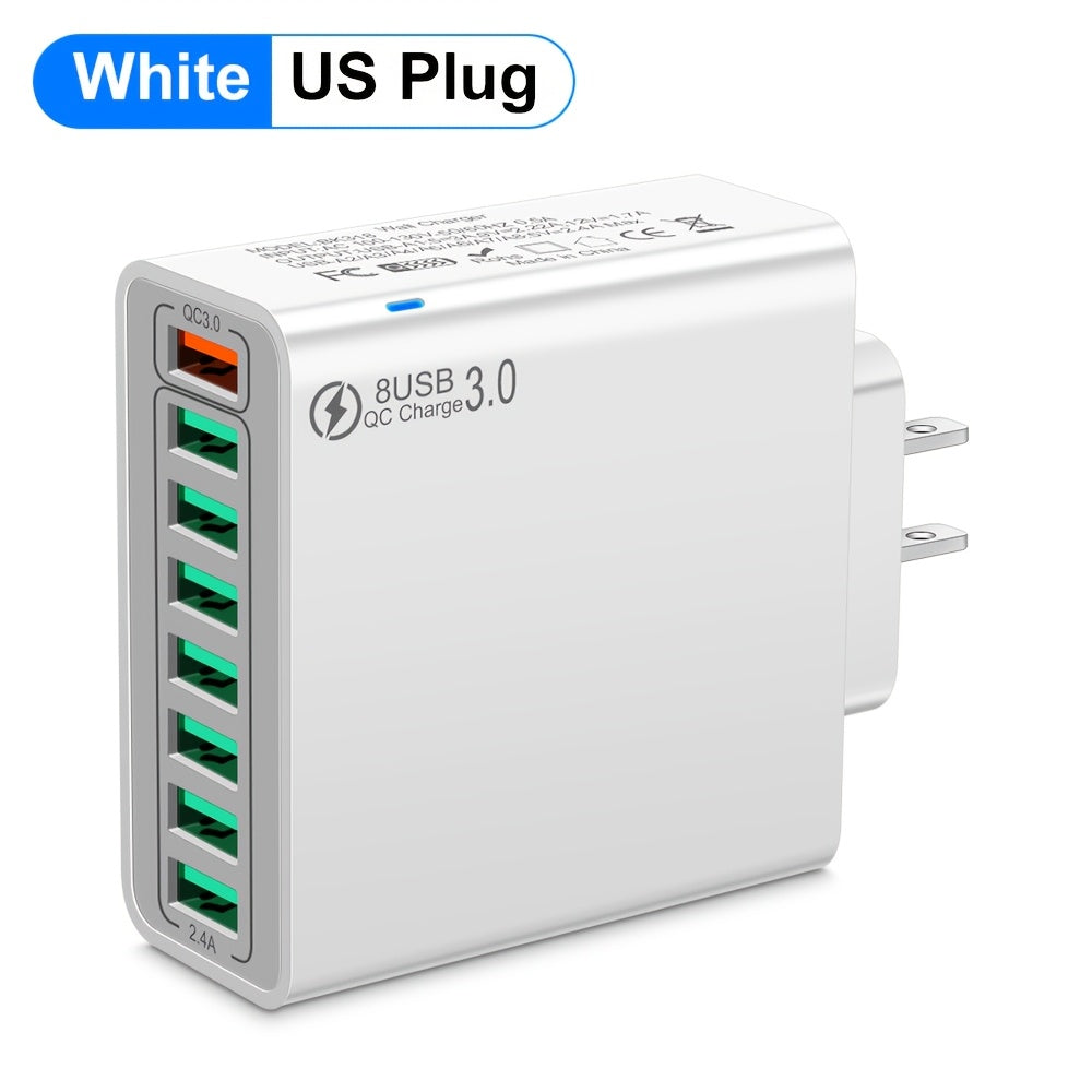 8-Port USB Charger with Quick Charge Fast Charging US Plug, 3-Phase AC Charging for Mobile Phones, Tablets, And Smartphones. Compact Design, Efficient Charger for Devices, Modern Charging Technology, Versatile Wall Charger