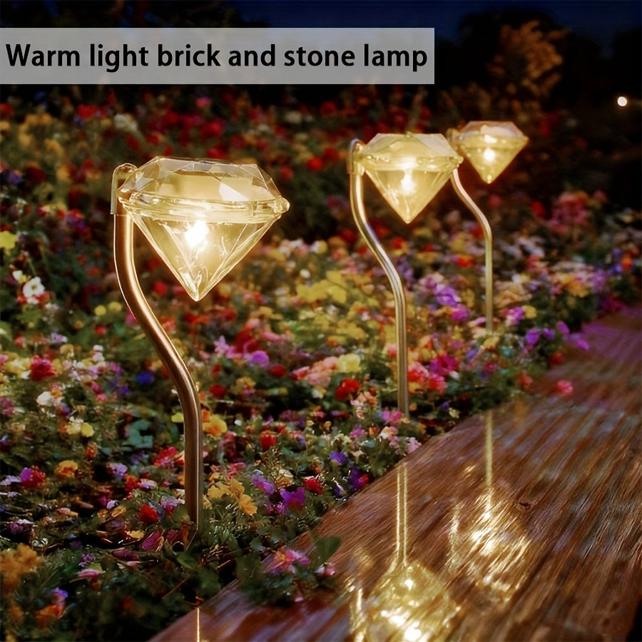 4 Pack Solar Diamond Shape Light Set, Designed for Outdoor Use with Rainproof Function. These LED Lawn Lights Feature Simple Semi-Flush Mount Installation with Stainless Steel Tube.