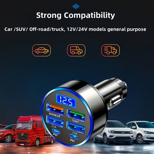 1pc 66W USB C Car Charger, 6-in-1 Fast Car Charger Adapter with 4 USB-A Ports & 2 Type-C Ports, Voltage Display, Multi-Port Power Adapter Compatible with iPhone Samsung Android Phones Tablets