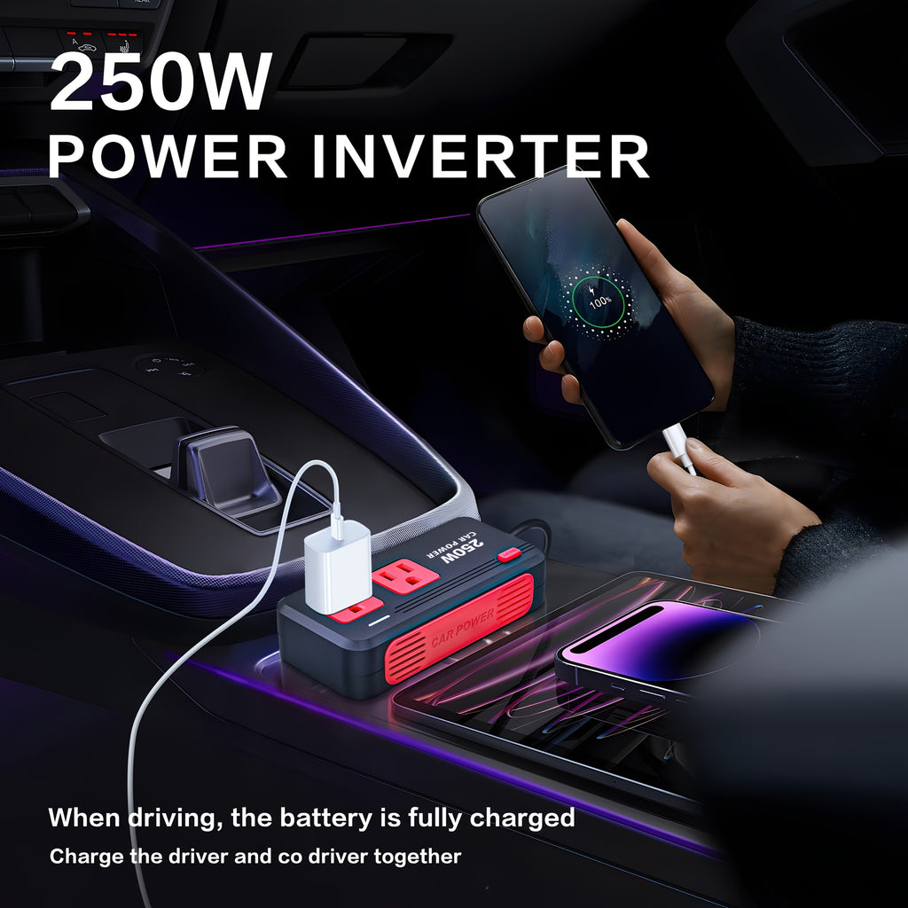 250W QC 3.0新款车载电源逆变器，配备3个USB接口与Type-C接口，快速充电器，12V直流转110V交流转换器，适用于公路旅行与露营，可用于电脑、汽车、卡车、房车，无需电池