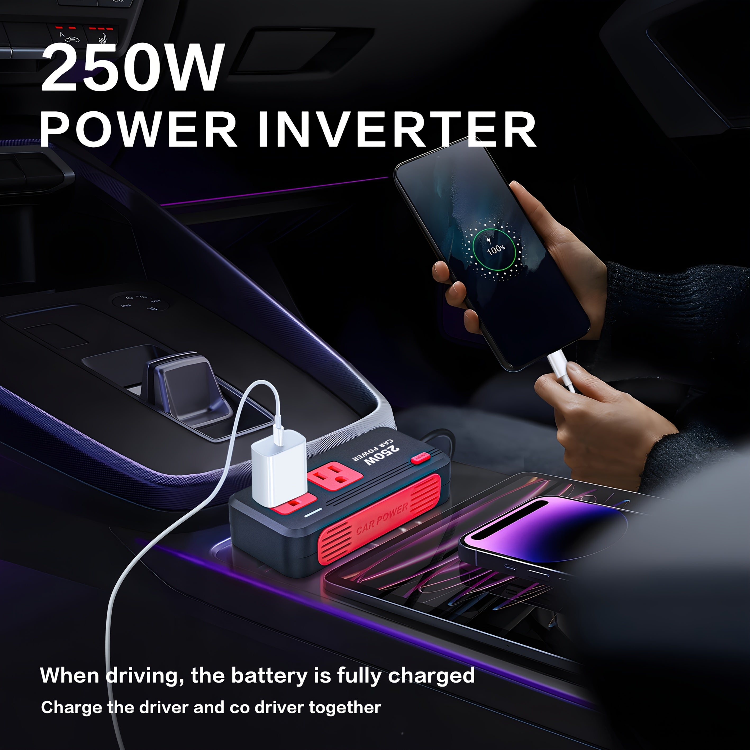 250W QC 3.0新款车载电源逆变器，配备3个USB接口与Type-C接口，快速充电器，12V直流转110V交流转换器，适用于公路旅行与露营，可用于电脑、汽车、卡车、房车，无需电池