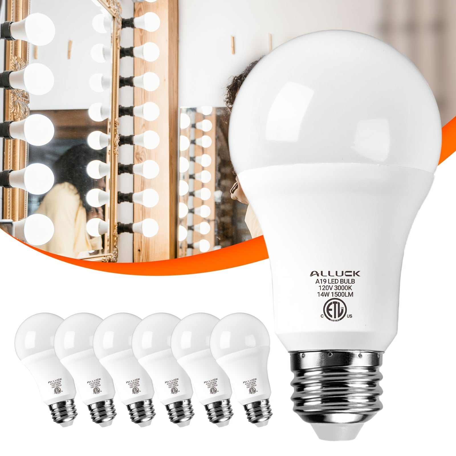 ALLUCK A19 LED bulb 6-pack, 14W 1500LM (100W equivalent), E26 base, selectable color temperature (3000K warm white / 5000K daylight / 6500K cool white), CRI 85+, flicker-free, long-lasting, eye-protection, non-dimmable