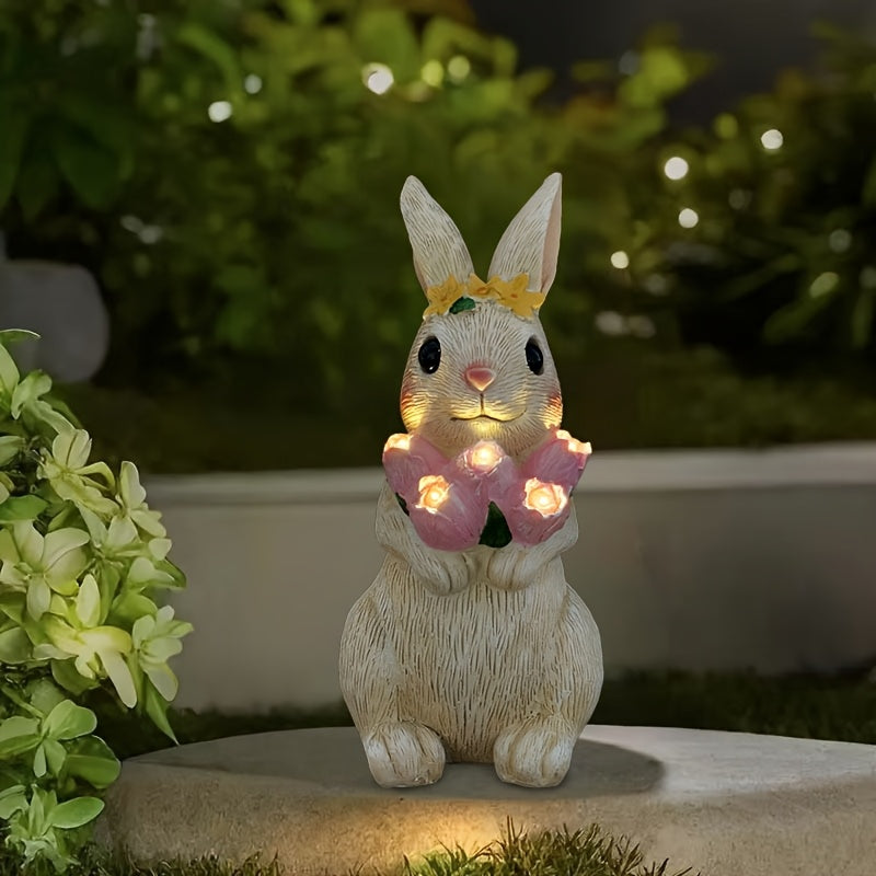 IP65 Outdoor Solar Statue Light Resin Rabbit Holding Tulip Flower Light with LED Ambient Light Courtyard Home Decoration Lawn Steps Patio Path Decoration Valentine's Day Thanksgiving Easter Halloween Christmas Holiday Gift