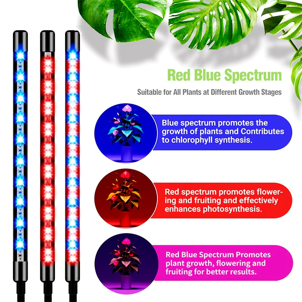 360° Adjustable Gooseneck Plant Grow Light, 3 Light Modes Red/Blue/Red-Blue, 3 Timing Options 3/9/12 Hours, 10 Dimmable Levels, USB Powered Multi-Function Clip-On Grow Lamp for Indoor Plant Lighting