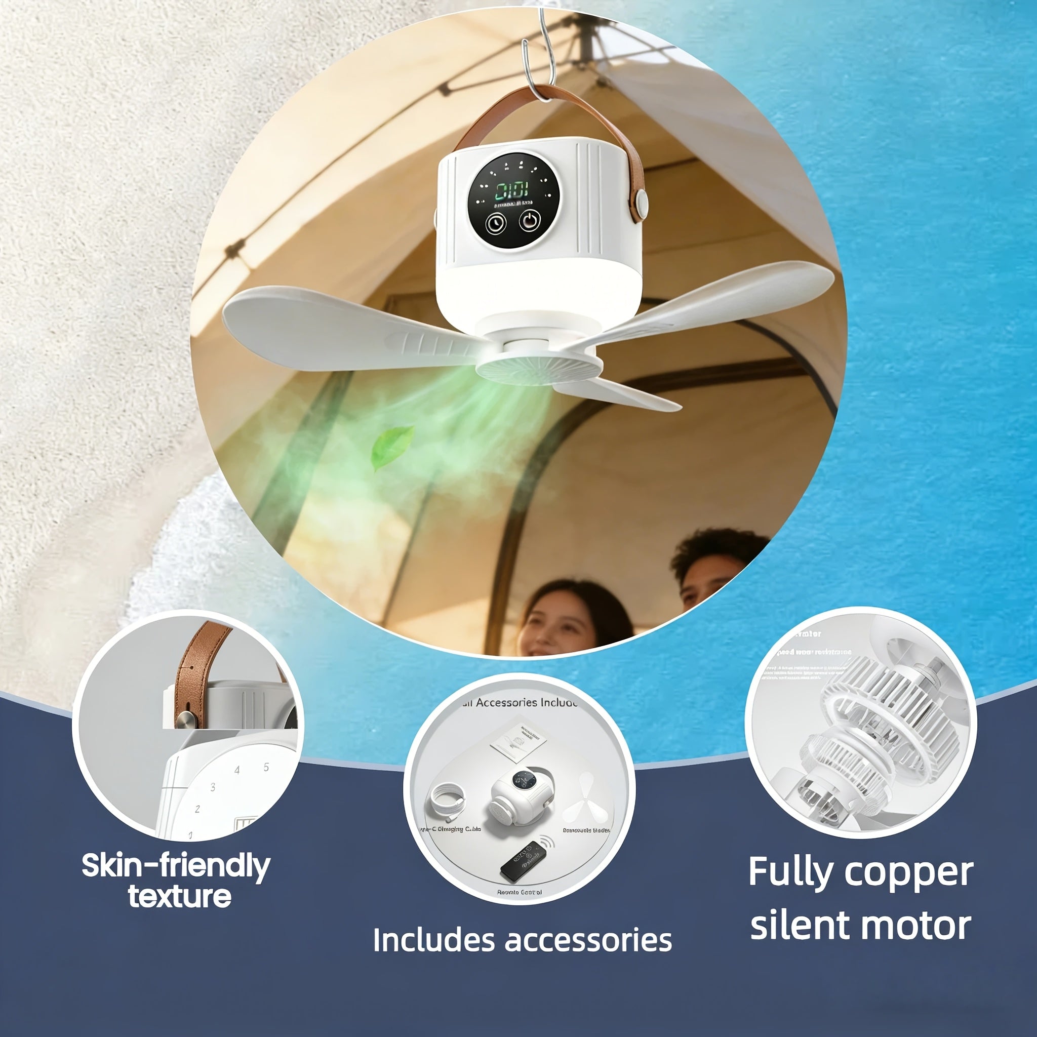 Portable Rechargeable Remote Control Small Hanging Fan with Light, Remote Operated, 4-Speed Adjustable, Quiet & Timer, 3-Level Night Light, Detachable Blades, Long-Lasting Battery, Safe for Outdoor Tents