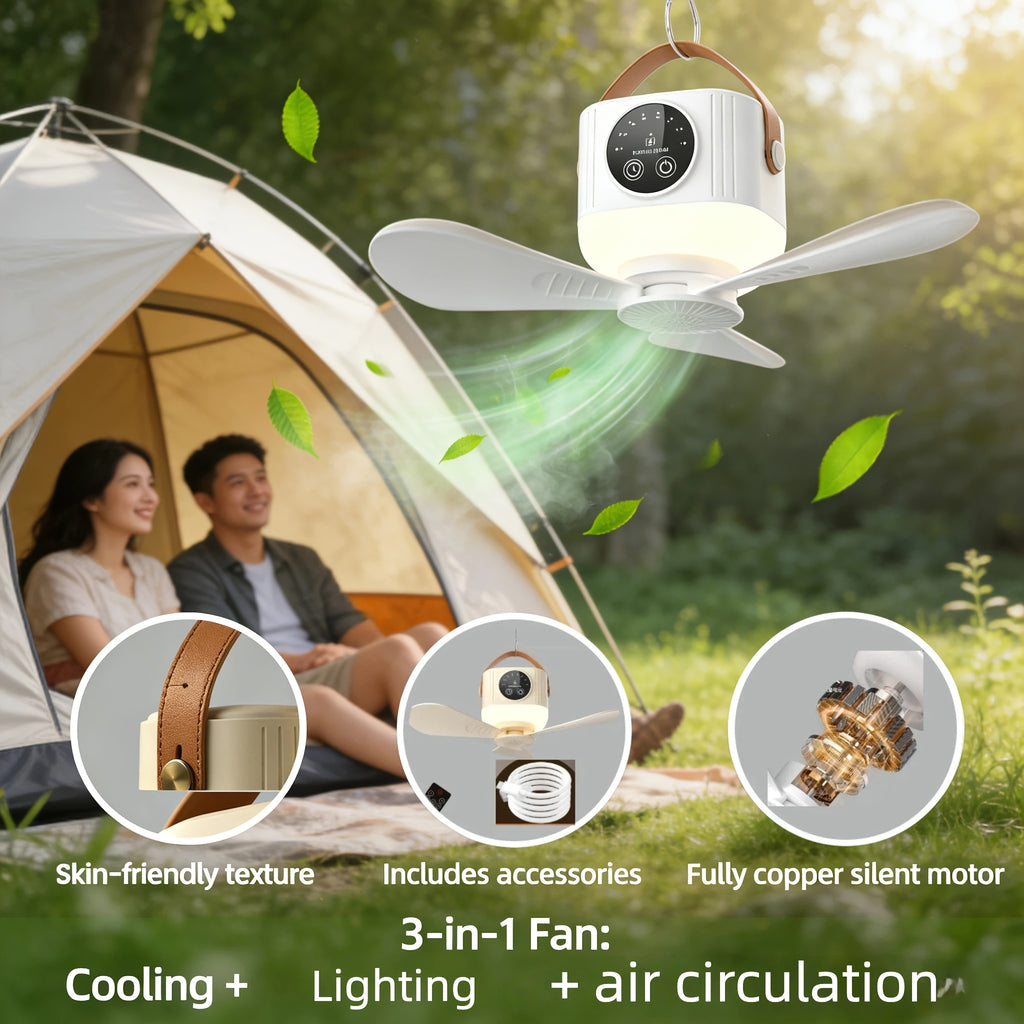 Portable Rechargeable Remote Control Small Hanging Fan with Light, Remote Operated, 4-Speed Adjustable, Quiet & Timer, 3-Level Night Light, Detachable Blades, Long-Lasting Battery, Safe for Outdoor Tents