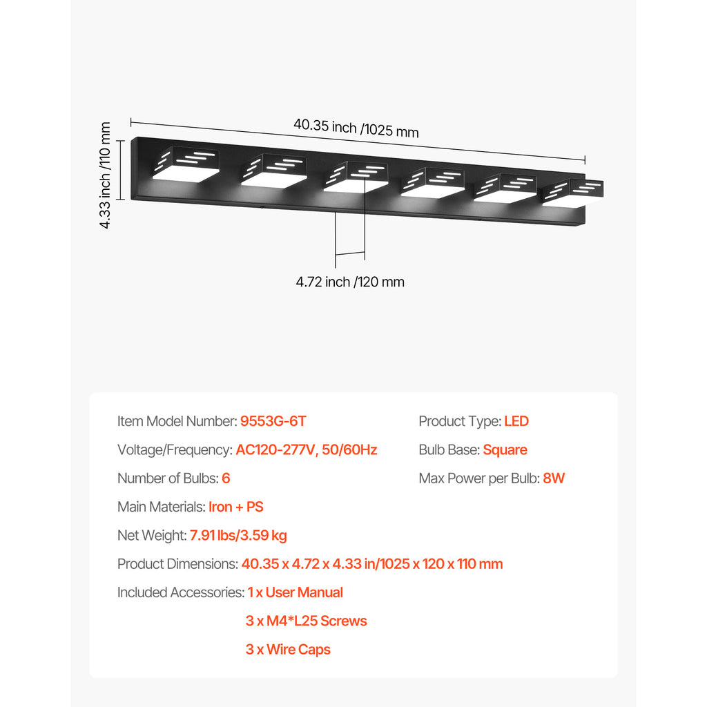 VEVOR 3/4/5/6-Light LED Modern Bathroom Wall Lamp 19.69/25.6/33.5/40.2-Inch Wall Light