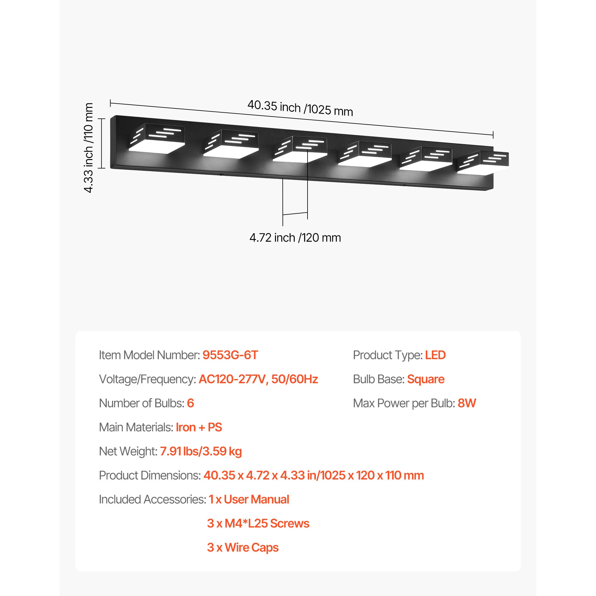 VEVOR 3/4/5/6-Light LED Modern Bathroom Wall Lamp 19.69/25.6/33.5/40.2-Inch Wall Light