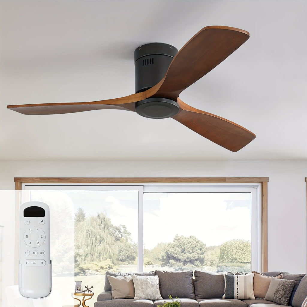Sofucor 1pc 52" Flush Mount Ceiling Fan, Low Profile Ceiling Fan with Remote Control, Outdoor Ceiling Fan with 3 Double-Sided Walnut Blades, Noiseless DC Motor