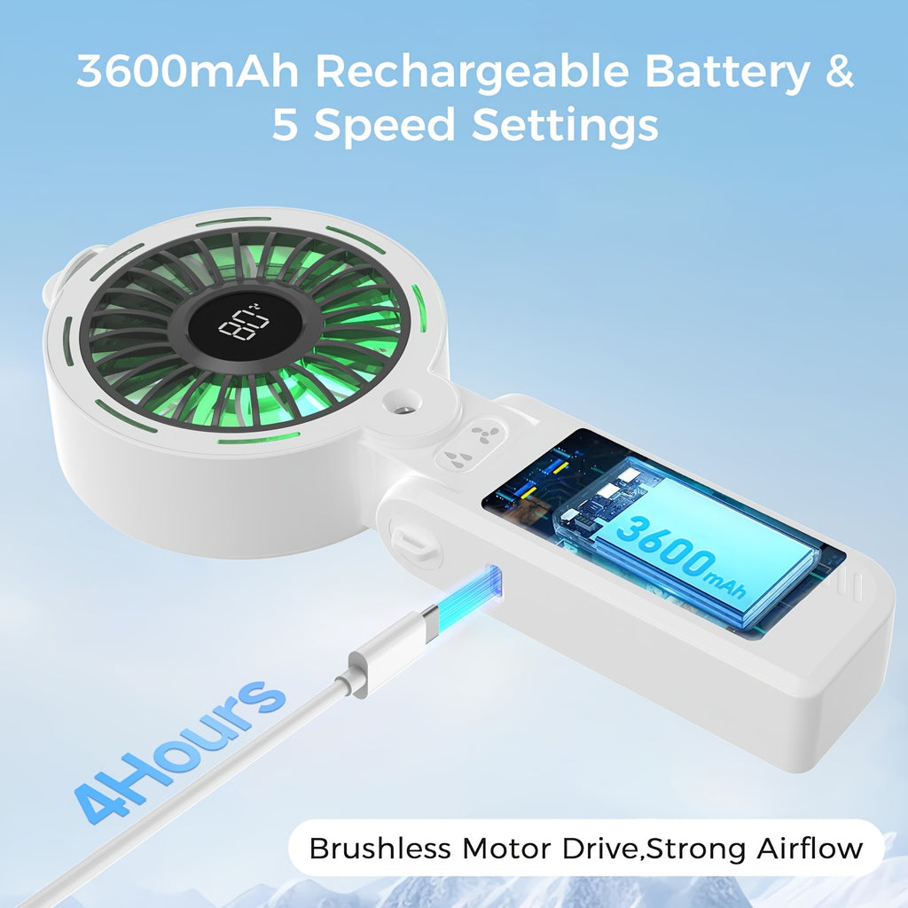 Rechargeable Portable Fan, Handheld Foldable USB Mist Fan with Removable Water Tank & Color Night Light, 3600mAh Battery, 1-100 Speed Adjustable, Strong Wind, 3-in-1 Handheld/Desktop/Hanging Use