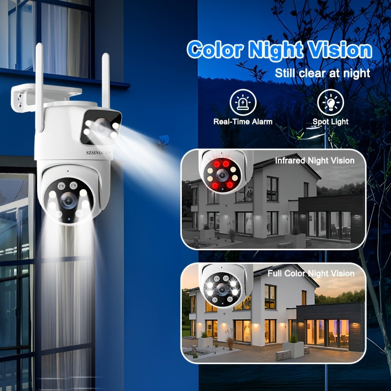 IP66 双镜头户外 WiFi 安防摄像头 2.4GHz 无线 IP 摄像机 AI 人形追踪 全彩夜视 双向语音 云台旋转 家庭监控